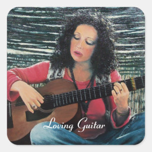 Woman Playing Music With Acoustic Guitar Square Sticker