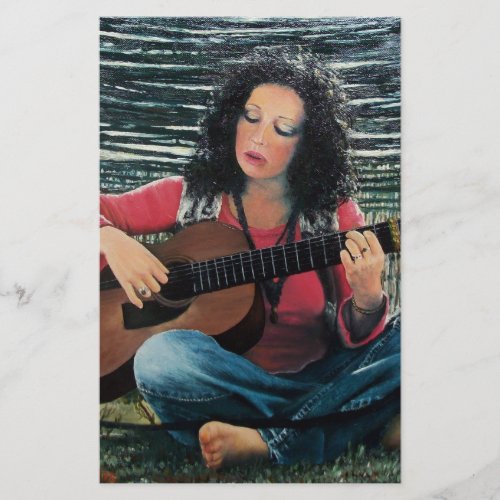 Woman Playing Music With Acoustic Guitar Stationery