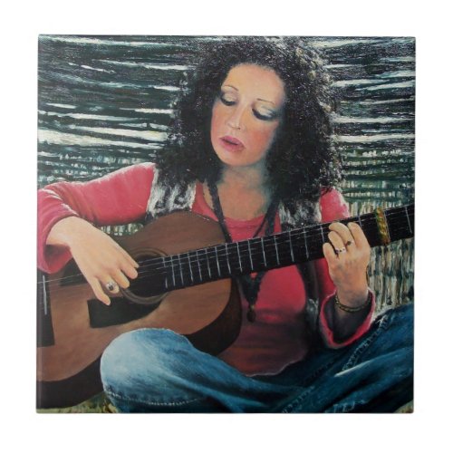Woman Playing Music With Acoustic Guitar Tile