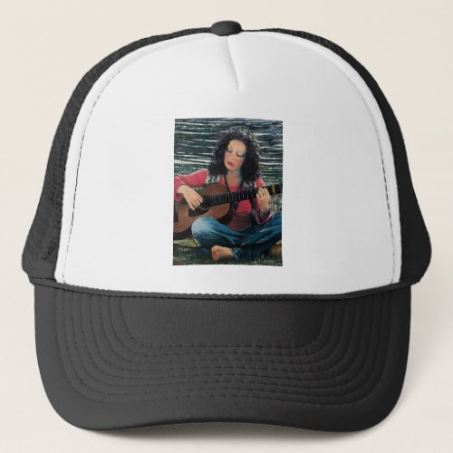 Woman Playing Music With Acoustic Guitar Trucker Hat