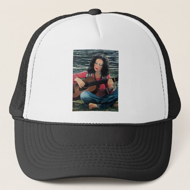 Woman Playing Music With Acoustic Guitar Trucker Hat (Front)