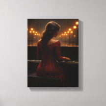 Woman Playing Piano in Rainy Night Street Scene