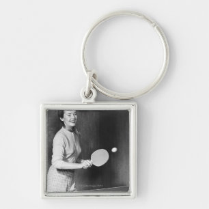 Woman Playing Table Tennis Keychain
