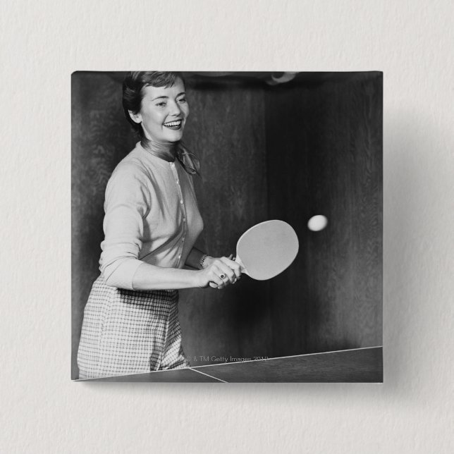 Woman Playing Table Tennis Pinback Button (Front)