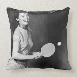 Woman Playing Table Tennis Throw Pillow