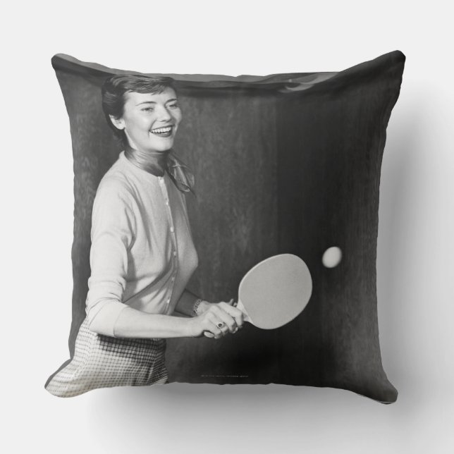 Woman Playing Table Tennis Throw Pillow (Front)