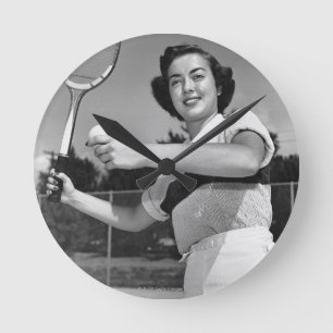 Woman Playing Tennis 3 Round Clock