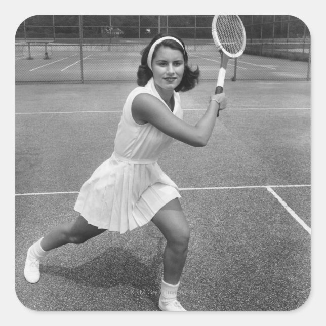 Woman playing tennis square sticker (Front)