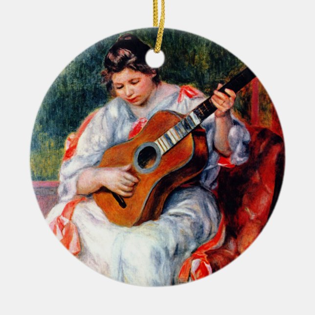Woman Playing The Guitar by Pierre Renoir Ceramic Ornament (Front)