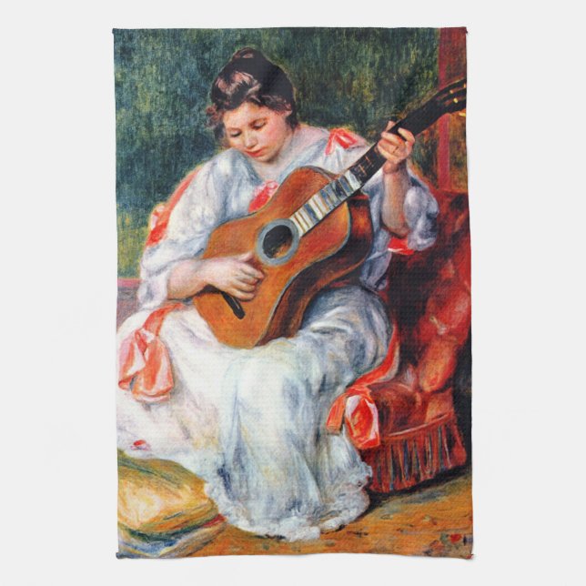 Woman Playing The Guitar by Pierre Renoir Kitchen Towel (Vertical)
