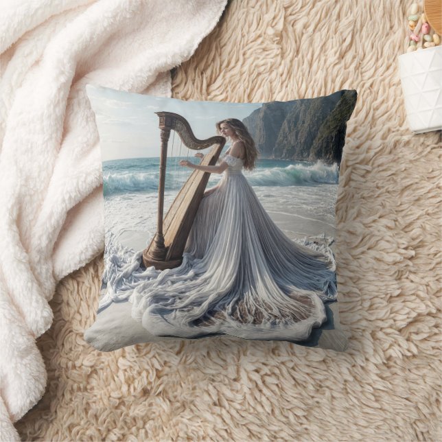 Woman Playing the Harp On the Seashore Throw Pillow (Blanket)