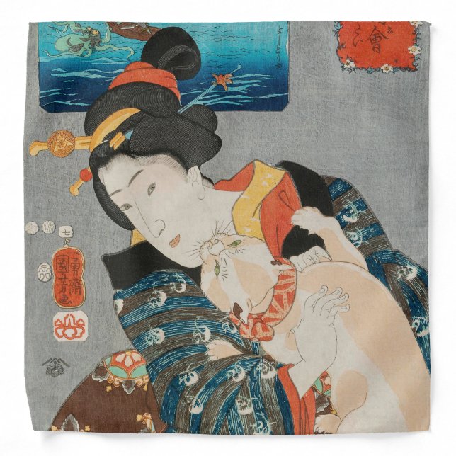 Woman Playing with Cat Vintage Japanese Print Bandana (Front)