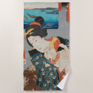 Woman Playing with Cat Vintage Japanese Print Beach Towel