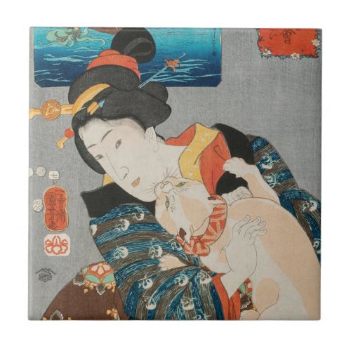 Woman Playing with Cat Vintage Japanese Print Ceramic Tile
