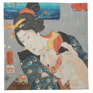 Woman Playing with Cat Vintage Japanese Print Cloth Napkin