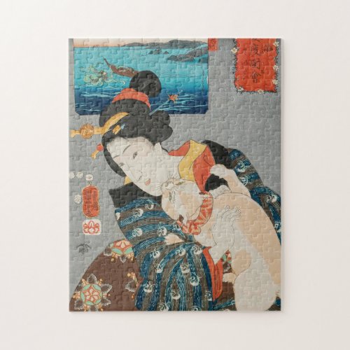 Woman Playing with Cat Vintage Japanese Print Jigsaw Puzzle
