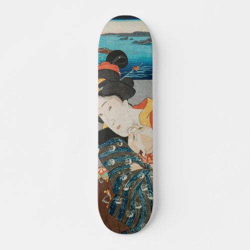 Woman Playing with Cat Vintage Japanese Print Skateboard