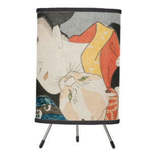 Woman Playing with Cat Vintage Japanese Print Tripod Lamp