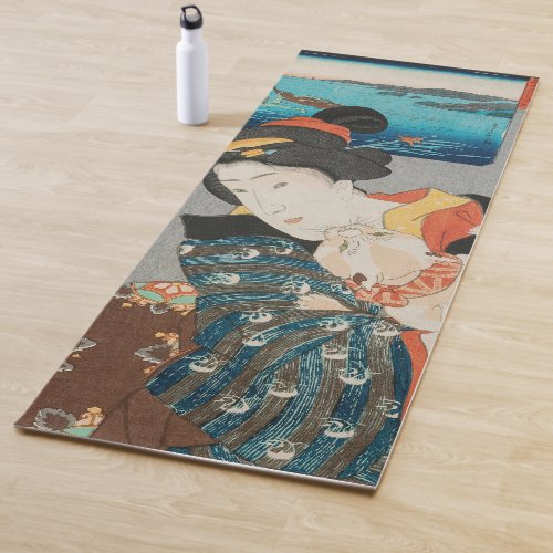 Woman Playing with Cat Vintage Japanese Print Yoga Mat