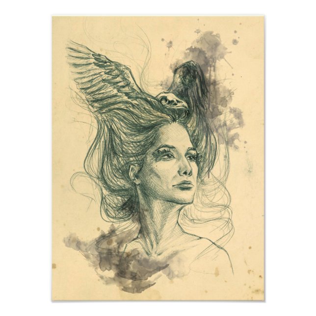 Woman portrait bird skull and wings Surreal art Photo Print (Front)