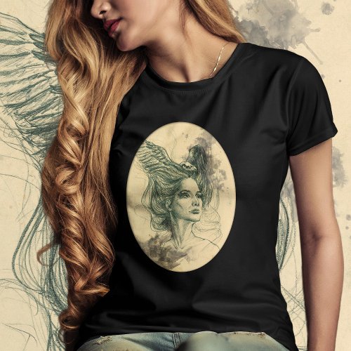 Woman portrait Bird skull and Wings Surreal art T_Shirt