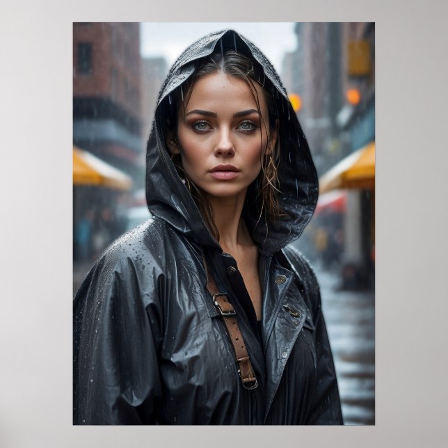 Woman portrait wearing raincoat standing on street poster (Front)