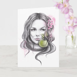Woman portrait with apple and blossom Surreal art Card
