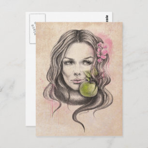 Woman portrait with apple and blossom Surreal art Postcard