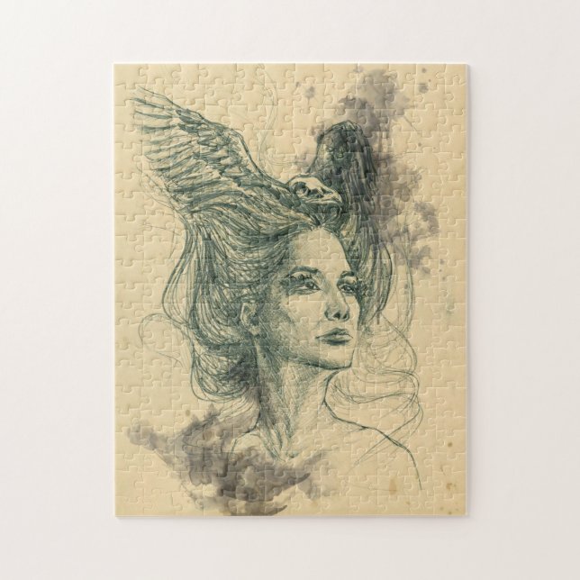 Woman portrait with bird skull and wings Surreal Jigsaw Puzzle (Vertical)