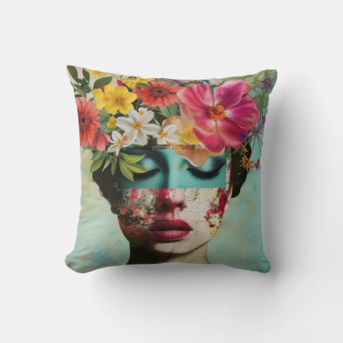 Woman portrait with fashion flowers on the head.  throw pillow