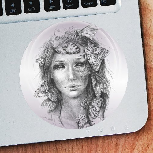 Woman Portrait with Moths Surreal Dark Fantasy Art Classic Round Sticker