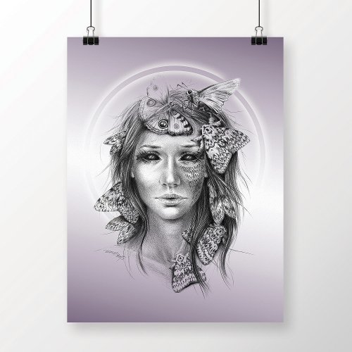 Woman Portrait with Moths Surreal Dark Fantasy Art Poster
