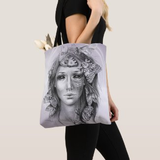 Woman portrait with moths surreal pencil art