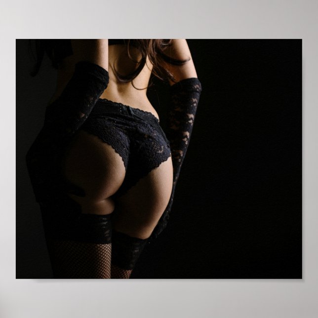 Woman posing from behind in black laced lingerie. poster (Front)