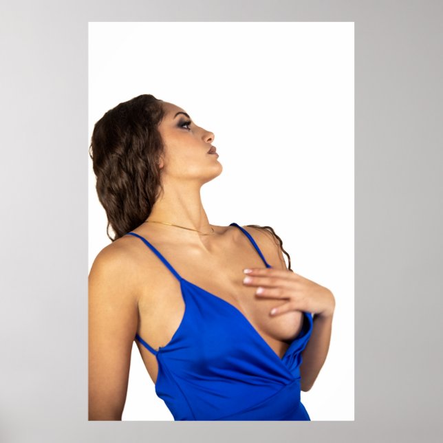 Woman posing in blue dress showing confidence and  poster (Front)
