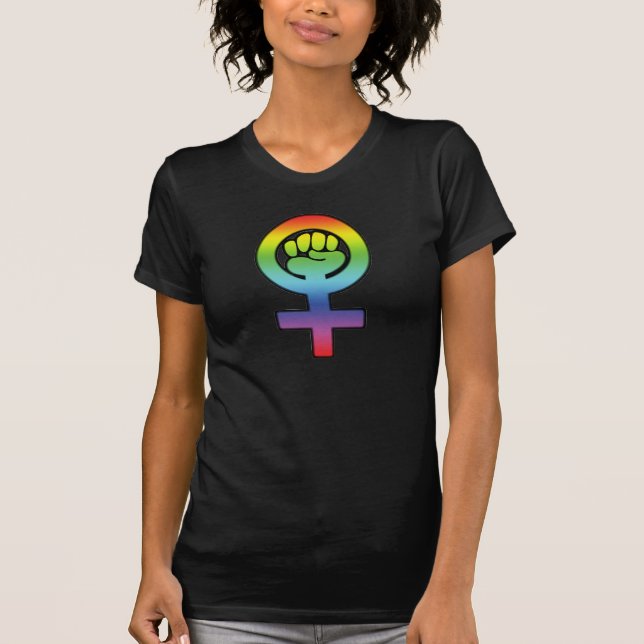 Woman Power Feminist Lesbian Rainbow Fist T-Shirt (Front)
