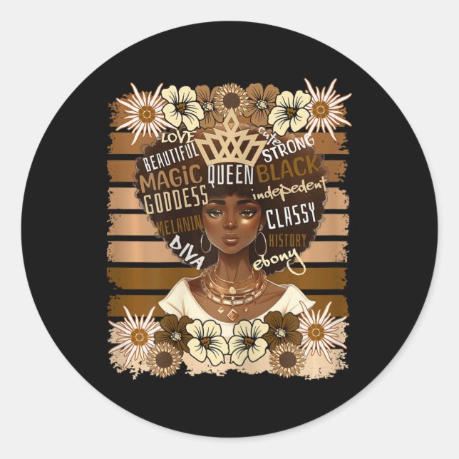 Woman Pride Black History Natural Afro Cute Floral Classic Round Sticker (Front)