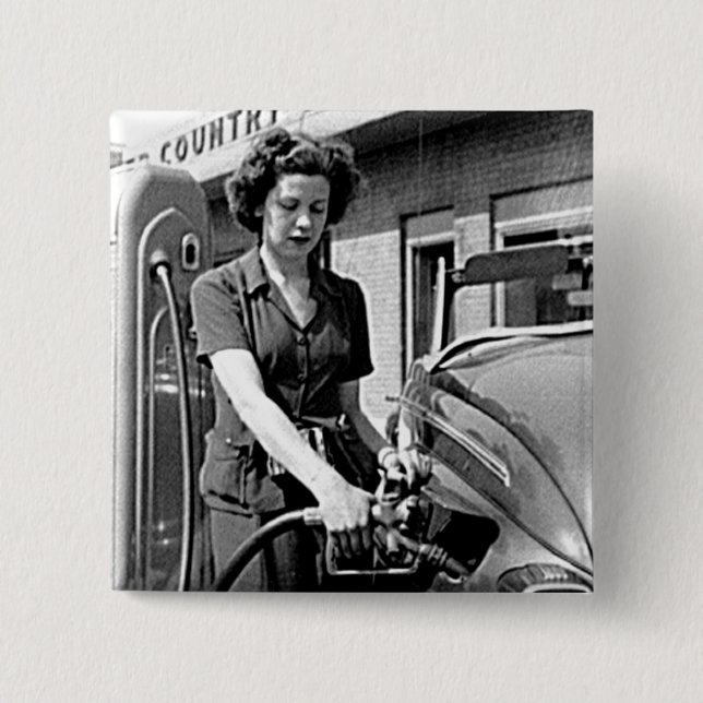 Woman Pumping Gas Vintage Louisville Kentucky Button (Front)