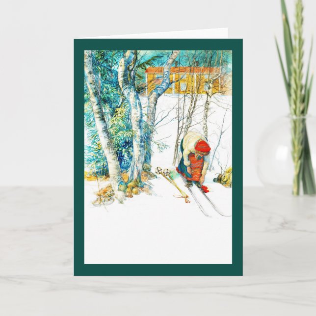 Woman Puts on Her Skis Holiday Card (Front)