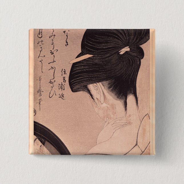 Woman Putting on Make-up Button (Front)