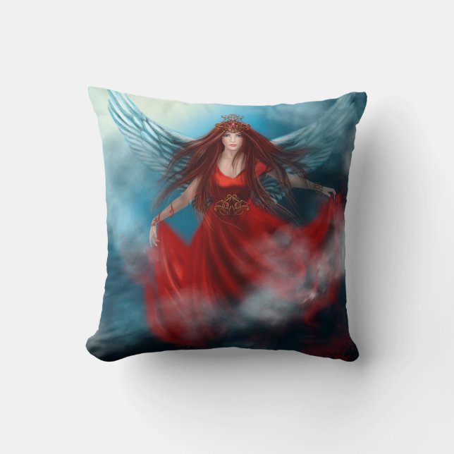 Woman queen with wings in red dress in clouds throw pillow (Front)