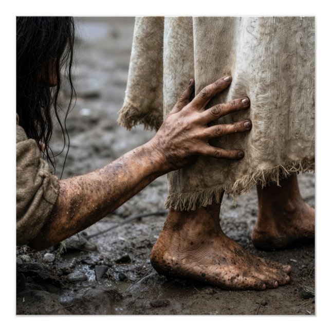 Woman Reaching for Jesus Robe Poster (Front)
