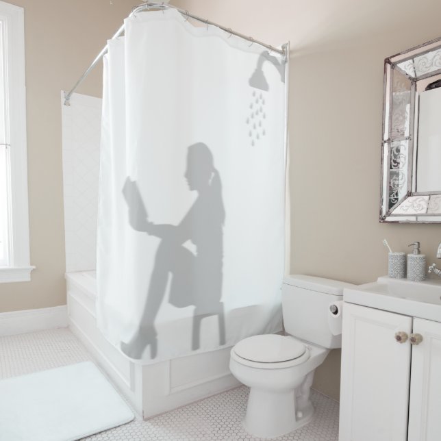 Woman Reading Bathroom Shadow Silhouette Behind Shower Curtain (In Situ)