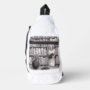 Woman Reading Book in Library in Front of Bookcase Sling Bag