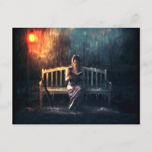 Woman Reading Book in the Rain Postcard