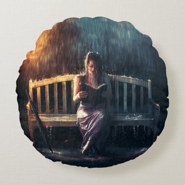 Woman Reading Book in the Rain Round Pillow (Front)