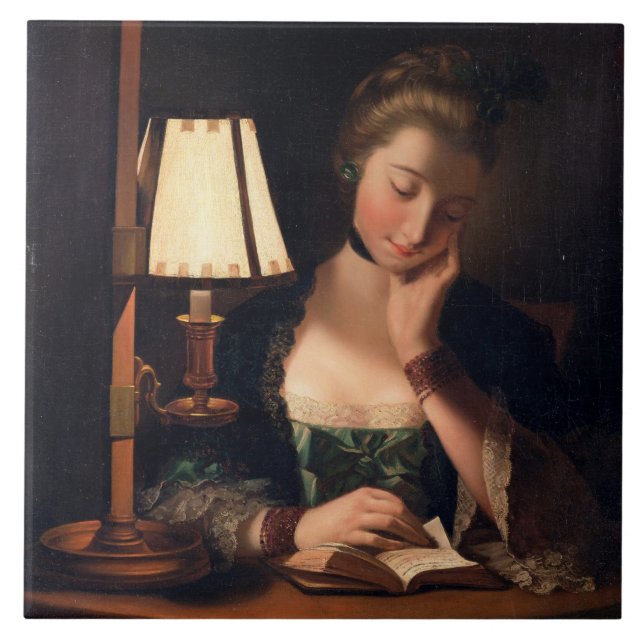 Woman Reading by a Paper-bell Shade, 1766 (oil on Ceramic Tile (Front)