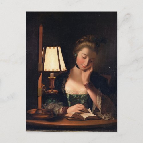 Woman Reading by a Paper_bell Shade 1766 oil on Postcard