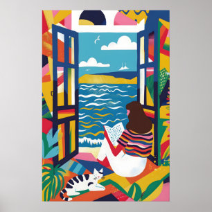 Woman Reading by Sea Art Print Colorful Cat Wall