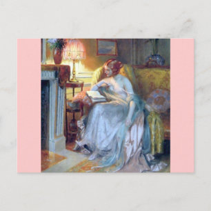 Woman reading by the lamp antique painting postcard